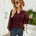 Zeagoo V Neck Tops Solid Color Blouse Long Sleeve Pullover Lace Patchwork Shirt