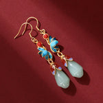 Buddha Stones Magnolia Flower Jade Pattern Luck Prosperity Drop Dangle Earrings
