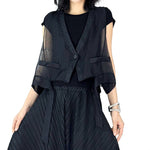 V-neck Gauze Vest Asymmetric Pleated Loose Curved Skirt