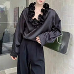 French V-neck Floral-Shaped Collar Vintage Satin Shirt