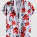 Men's Rose Print Vintage Casual Button Short Sleeve Shirt