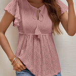 Zeagoo Eyelet Tie-Neck Flutter-Sleeve Top Solid Color Casual Blouse for Women Casual Work Office Loose Fit 2026 | Under $40