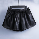 Leather A-line Elastic High Waist Loose Slim Wide Leg Shorts
