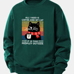 Black Cat Drinking Coffee Print Relax Fit Sweatshirt