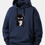 Black Cat Drinking Coffee Print Relax Fit Hoodie