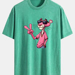 Pink Panther With V Sign Print Washed Distressed Drop Shoulder T-Shirt