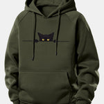 Black Cat Print Drawstring Hoodie
