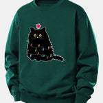 Christmas Lights Black Cat Print Relax Fit Sweatshirt
