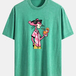 Vacation Pink Panther Print Washed Distressed Drop Shoulder T-Shirt