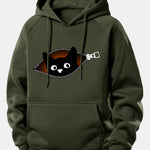 Zipper Black Cat Print Drawstring Hoodie