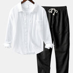 Long Sleeve Linen Cotton Shirt With Pocket & Straight Leg Linen Pants