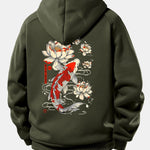 Koi Fish Lotus Print Drawstring Hoodie