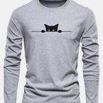 Long Sleeve Black Cat Print Cotton T-Shirt