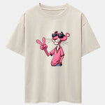 Pink Panther With V Sign Print Drop Shoulder Oversize T-Shirt