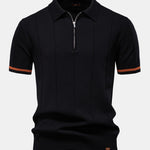 Contrast Trim Zipper Knit Polo Shirt & Straight Leg Ribbed Pants