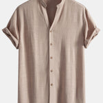 Short Sleeve V Neck Linen Rayon Blend Shirt & Wrinkle Textured Straight Leg Pants