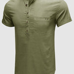 Men's cotton-linen Henley collar solid color short-sleeved shirt