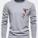 Long Sleeve Pocket Santa Print Cotton T-Shirt
