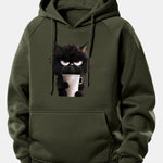 Black Cat Drinking Coffee Print Drawstring Hoodie