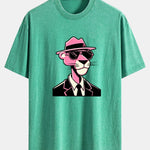 Pink Gentleman Panther Print Washed Distressed Drop Shoulder T-Shirt