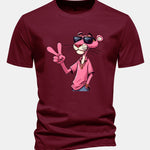Regular Fit Pink Panther With V Sign Print Cotton T-Shirt