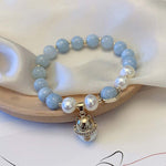 Buddha Stones Aquamarine Pearl Peace Healing Lucky Cat Charm Bracelet