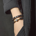 Buddha Stones Ebony Wood Dzi Bead Copper Peace Couple Bracelet