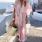 Zeagoo Women's Boho Solid Color V Neck Short Sleeve Jumpsuits Ruffled Summer Beach Maxi Dress