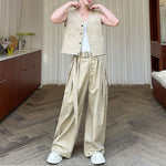 Casual Short Cardigan Vest Wide Leg Trousers Workwear Two-piece Set