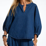 Zeagoo Women's Casual Denim Two-piece Set Loose Puffed Sleeve Blouse and Wide-leg Pants