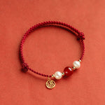 Buddha Stones 925 Sterling Silver Good Fortune Fu Character Agate Pearl Red String Braid Bracelet (Extra 30% Off | USE CODE: FS30)