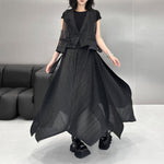 V-neck Gauze Vest Asymmetric Pleated Loose Curved Skirt