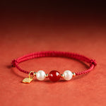Buddha Stones 925 Sterling Silver Good Fortune Fu Character Agate Pearl Red String Braid Bracelet (Extra 30% Off | USE CODE: FS30)