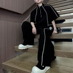American Style Stand-up Collar Contrast Color T-shirt Zipper Wide-leg Trousers Two-piece Suit