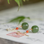 Buddha Stones 925 Sterling Silver Plated 14k Gold Hetian Jade Red Agate Luck Drop Dangle Earrings