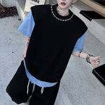 Faux Two-Piece Spliced Beaded Shoulder-Pad Short-Sleeve T-Shirt