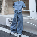 Vintage Denim Two-Piece Set Hand-Beaded Stand-Collar Short-Sleeve Jacket & Wide-Leg Trousers