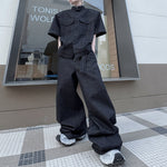 Vintage Denim Two-Piece Set Hand-Beaded Stand-Collar Short-Sleeve Jacket & Wide-Leg Trousers