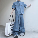 Vintage Denim Two-Piece Set Hand-Beaded Stand-Collar Short-Sleeve Jacket & Wide-Leg Trousers