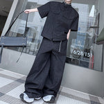 Vintage Denim Two-Piece Set Hand-Beaded Stand-Collar Short-Sleeve Jacket & Wide-Leg Trousers