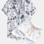 Palm Tree Sailboat Print Button Up Shirt & Man Mid Length Drawstring Swim Shorts
