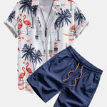 Palm Tree Flamingo Print Button Up Shirt & Man Mid Length Drawstring Swim Shorts