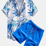 Tropical Leaves Print Button Up Shirt & Man Mid Length Drawstring Swim Shorts