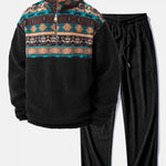 Relax Fit Quarter Zip Ethnic Geometric Patchwork Teddy Sweatshirt & Straight Leg Corduroy Pants