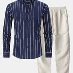 Long Sleeve Stripe Cotton Button Up Shirt & Straight Leg Linen Pants