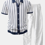Stripe Knitted Button Up Shirt & Straight Leg Linen Pants