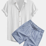 Crinkled Textured Button Up Shirt & Stripe Print Swim Shorts