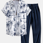 Island Sailing Print Button Up Shirt & Straight Leg Ribbed Pants