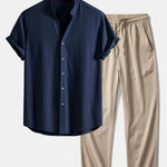 Short Sleeve V Neck Linen Rayon Blend Shirt & Wrinkle Textured Straight Leg Pants