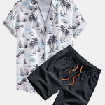 Palm Tree Sailboat Print Button Up Shirt & Man Mid Length Drawstring Swim Shorts